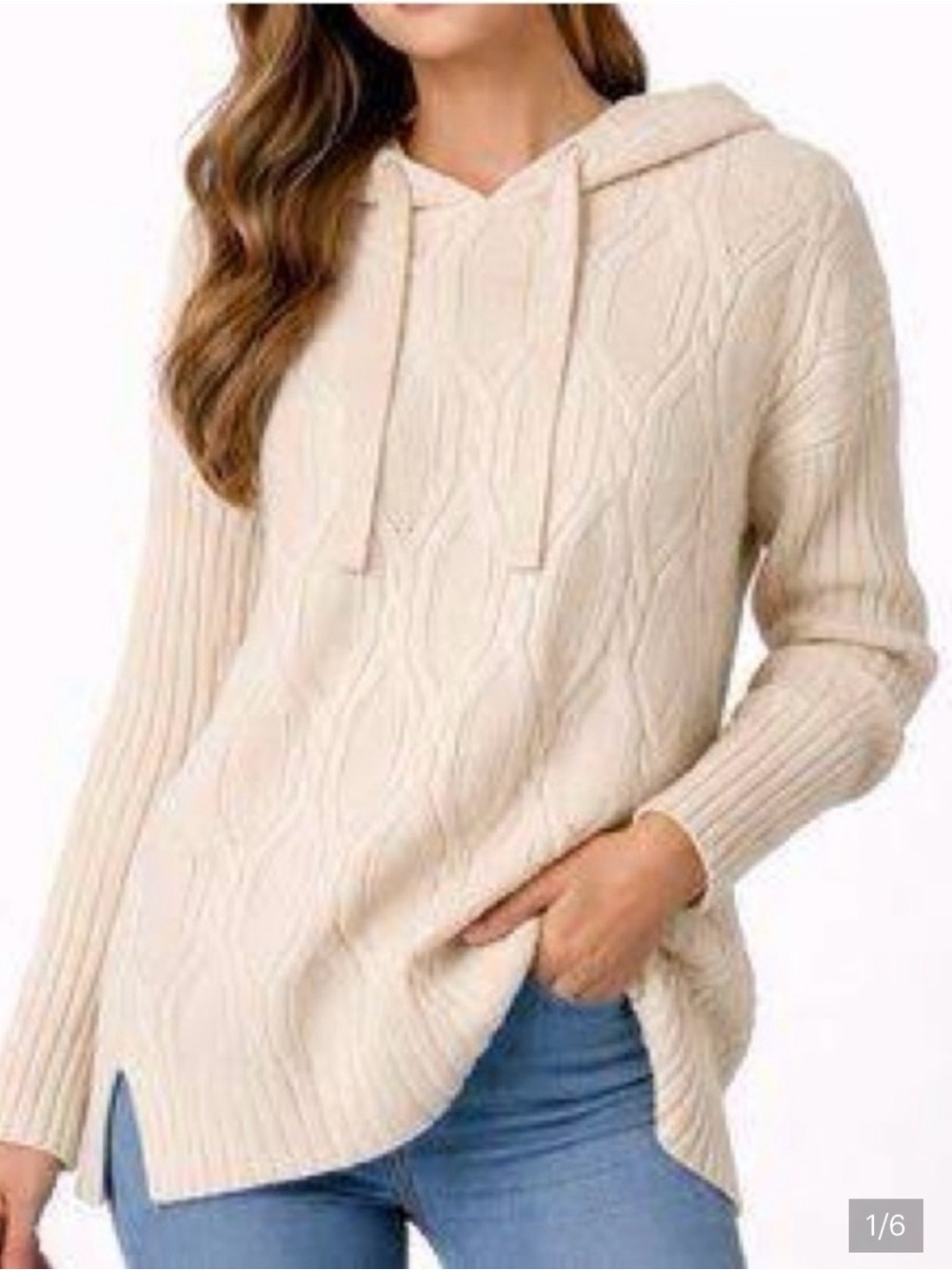 Fate Jaziah Cream Cable Knit Hoodie Fisherman Sweater Sz M Cabincore Apres Ski